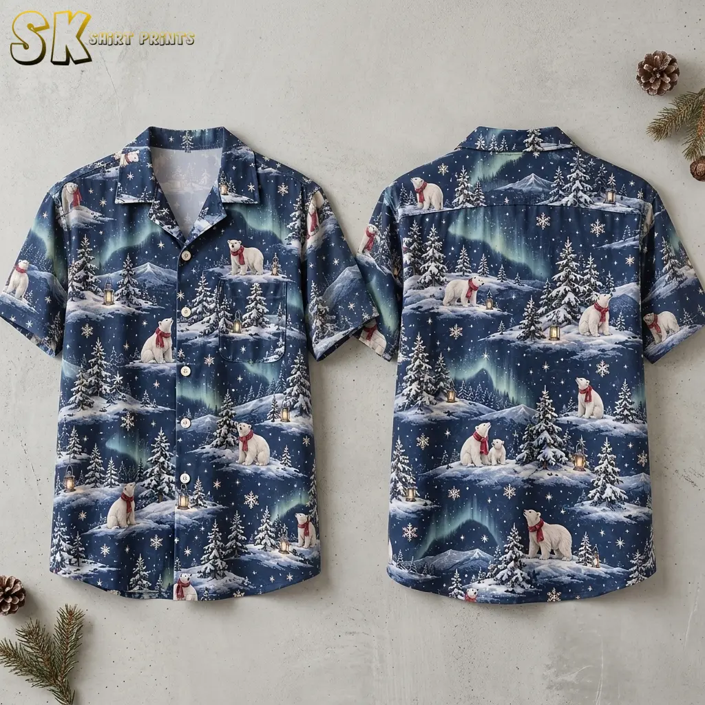 Both sides of a christmas hawaiian shirt laid flat, showing polar bears in red scarves among snow-covered pines and northern lights on a dark navy background.