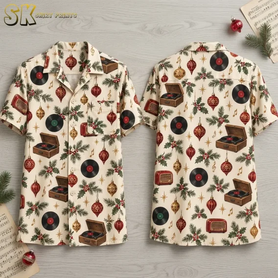 Front and back of a cream christmas hawaiian shirt displayed on an invisible hanger, showing the all-over pattern of vinyl records, vintage record players, retro radios, and Christmas ornaments on both sides.