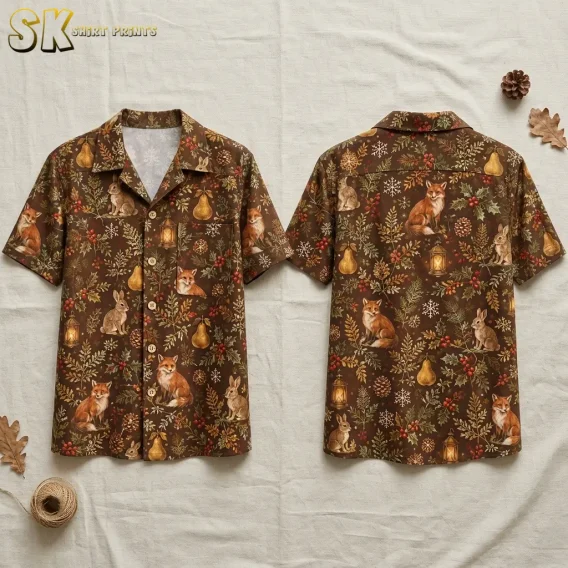 Front and back of a brown christmas hawaiian shirt displayed flat, showing an all-over pattern of foxes, rabbits, pears, glowing lanterns, holly berries, and white snowflakes.