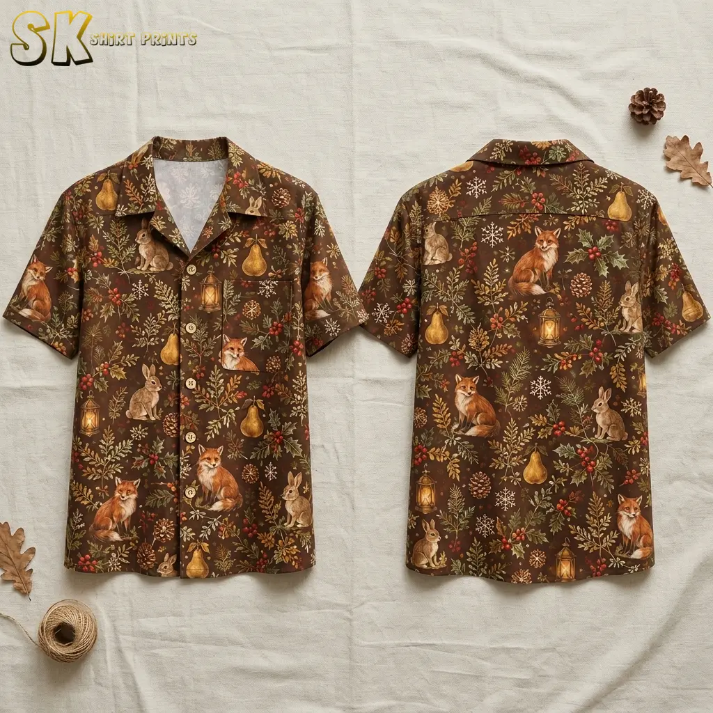 Front and back of a brown christmas hawaiian shirt displayed flat, showing an all-over pattern of foxes, rabbits, pears, glowing lanterns, holly berries, and white snowflakes.