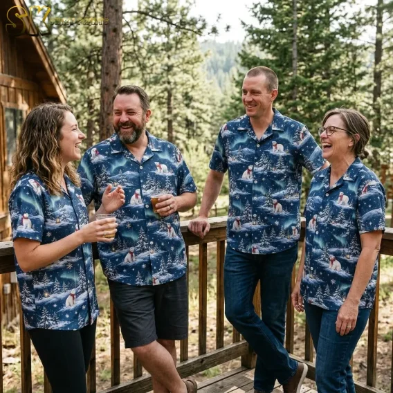 Two men and two women stand on a deck railing laughing, each wearing the same navy polar bear and aurora print shirt in different fits.