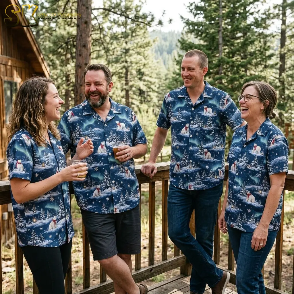 Two men and two women stand on a deck railing laughing, each wearing the same navy polar bear and aurora print shirt in different fits.
