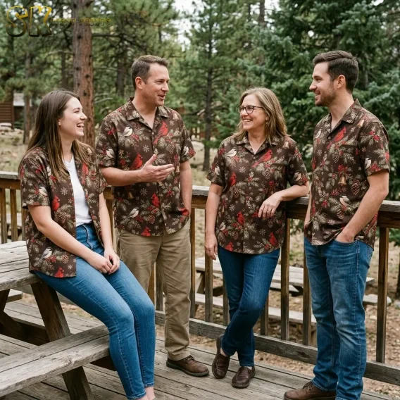 Two men and two women stand together on a wooden deck wearing matching dark brown holiday shirts printed with red cardinals and pine branches, laughing and talking.