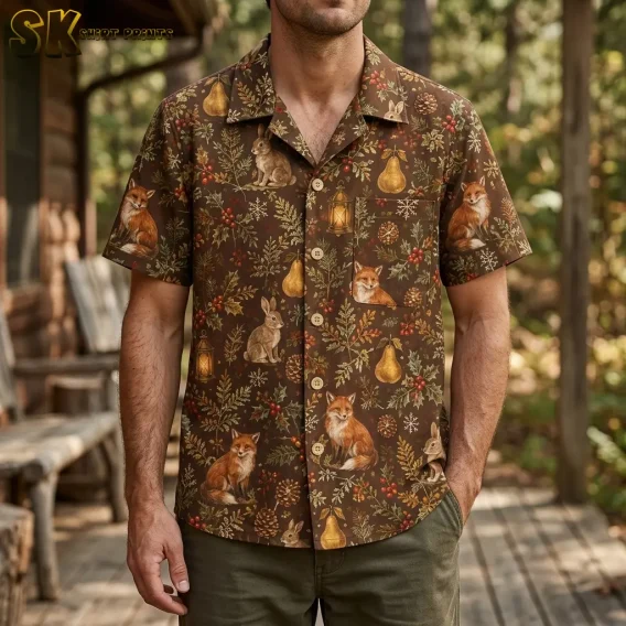 A man stands on a wooden cabin porch wearing a brown christmas hawaiian shirt for men, with large fox and rabbit illustrations clearly visible across the chest and front pocket area.