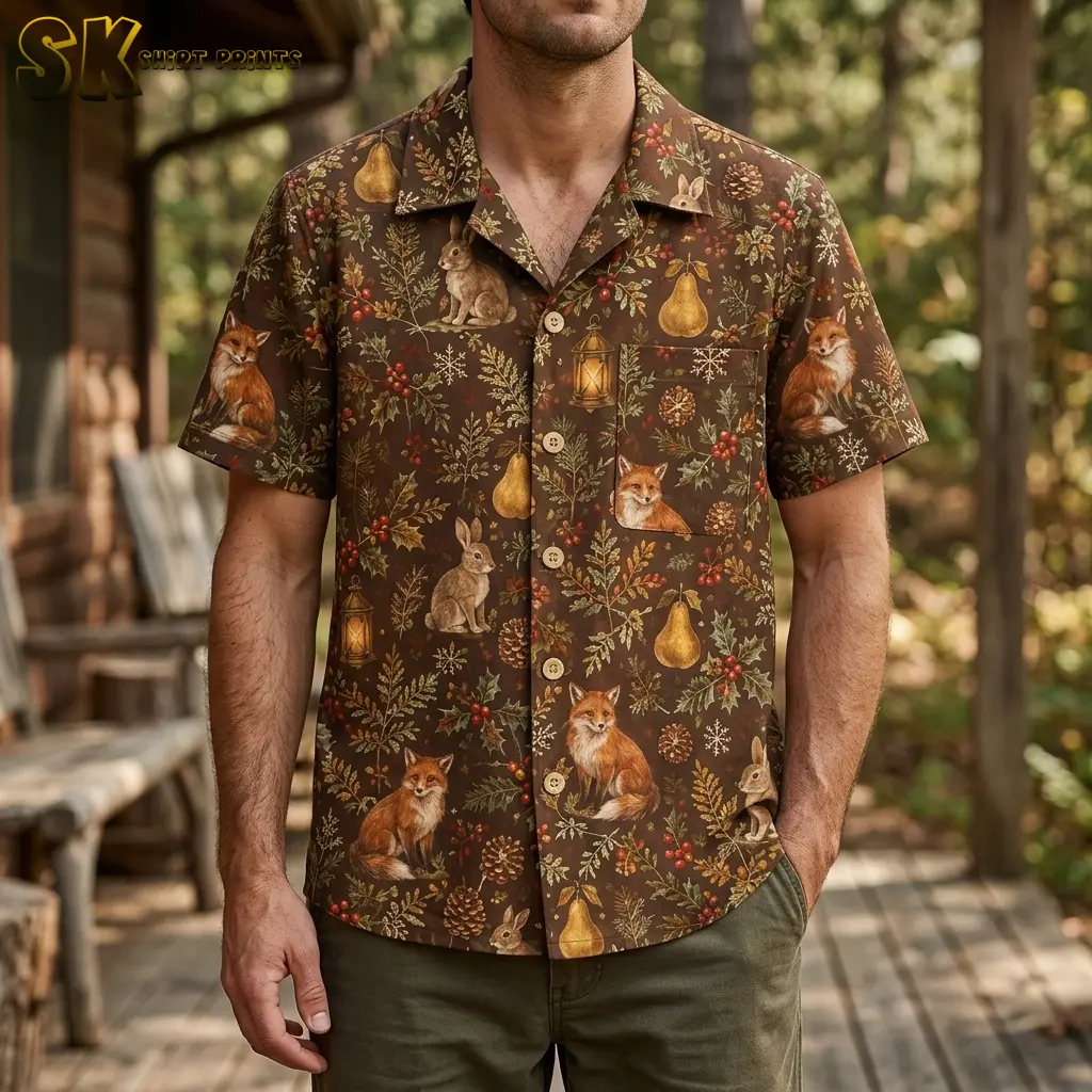 A man stands on a wooden cabin porch wearing a brown christmas hawaiian shirt for men, with large fox and rabbit illustrations clearly visible across the chest and front pocket area.