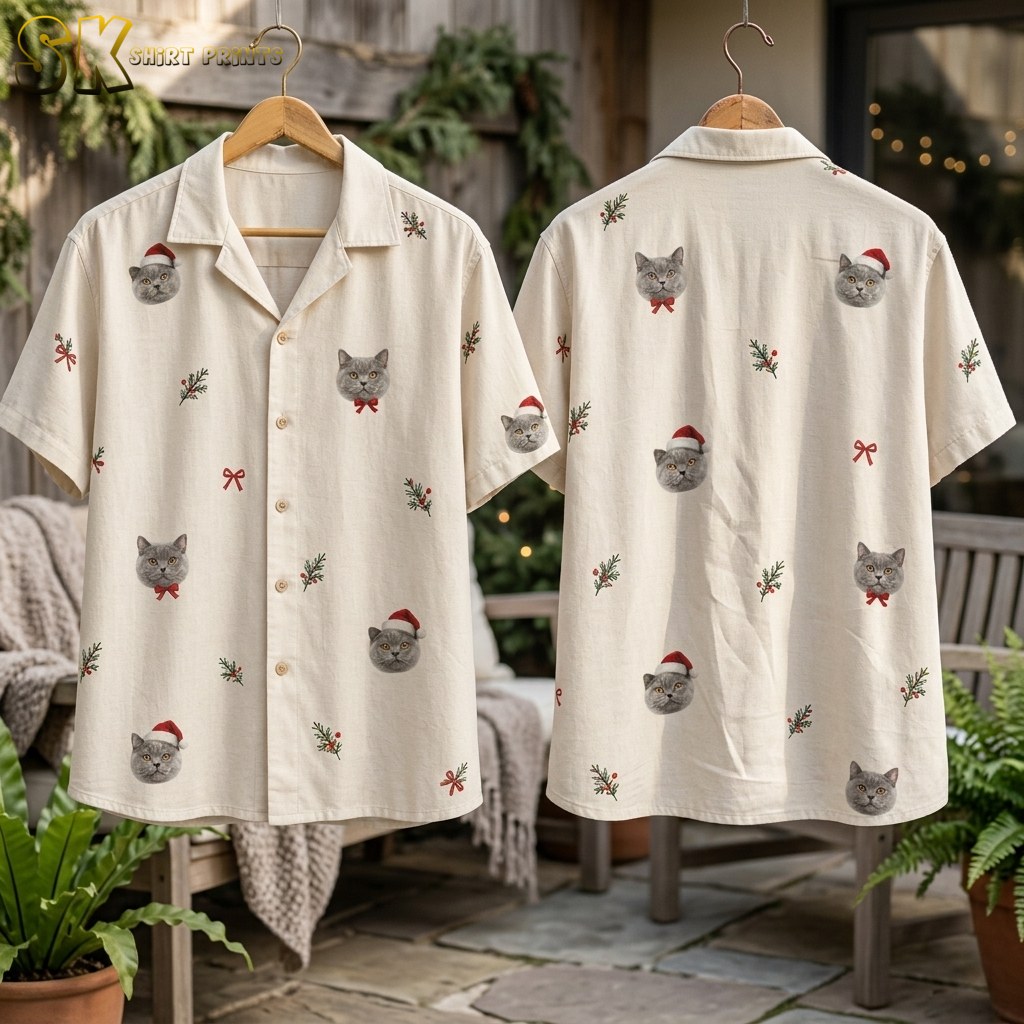 Front and back of the christmas santa hawaiian shirt hang side by side on a wooden hanger outdoors, displaying gray cat faces with Santa hats, red bow ties, holly clusters, and small red bows evenly distributed across the cream fabric.