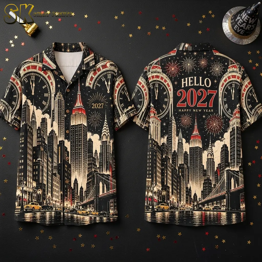 Front and back of a black button-up shirt display oversized clocks, a city skyline, and red 2027 lettering against a star-strewn background.
