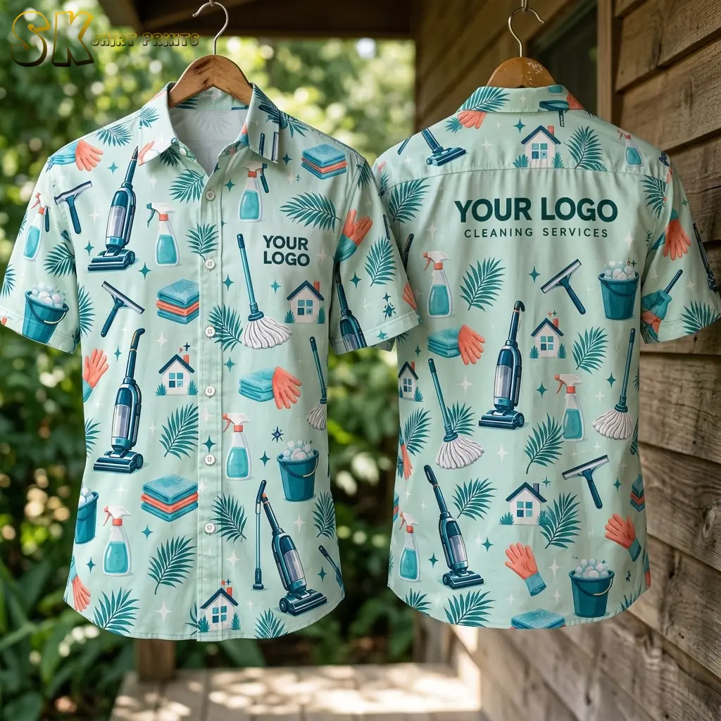 Two company logo Hawaiian shirts hang side by side on wooden hangers against a weathered wood wall, displaying the mint green cleaning-tools print on the front and the 'YOUR LOGO CLEANING SERVICES' back panel in natural outdoor light.