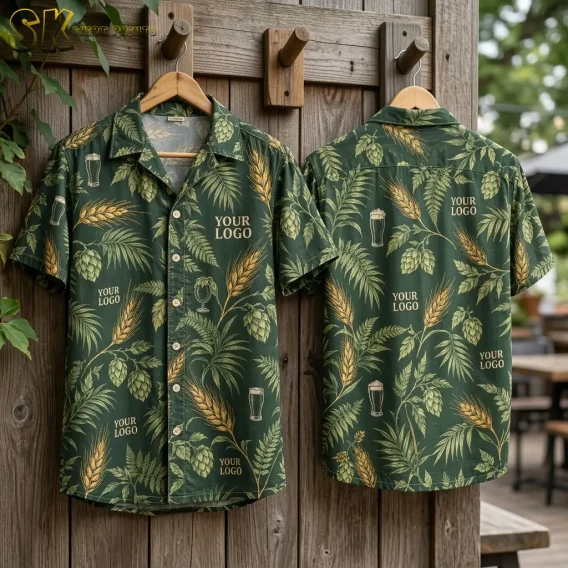 Front and back of the dark green company logo Hawaiian shirt hang side by side on wooden wall hooks outdoors, showing the hop cone, barley, and beer glass pattern on both panels.