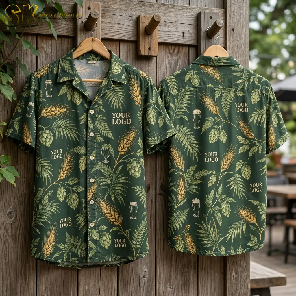 Front and back of the dark green company logo Hawaiian shirt hang side by side on wooden wall hooks outdoors, showing the hop cone, barley, and beer glass pattern on both panels.