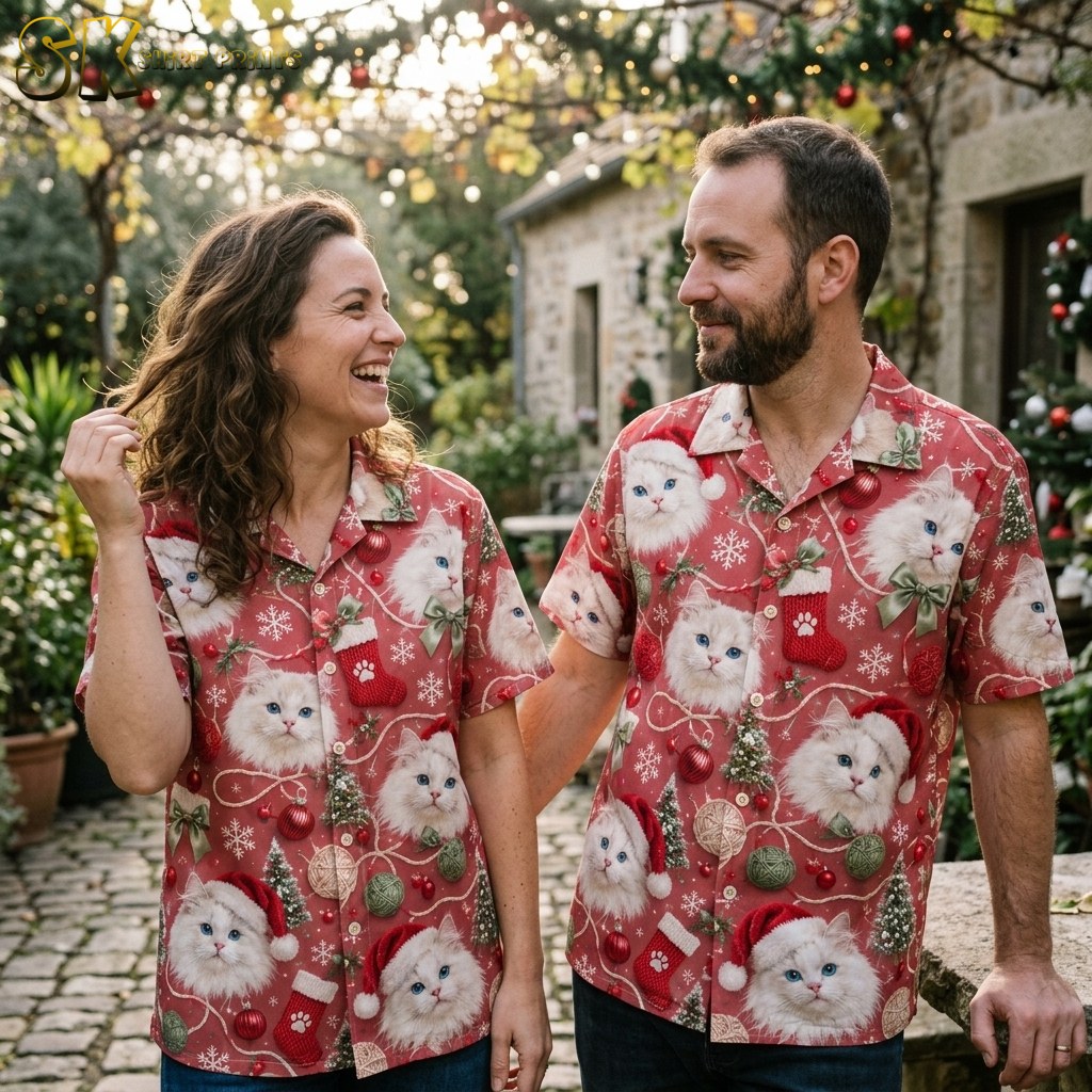 A laughing woman and a smiling man stand together in an outdoor courtyard strung with lights, both wearing the same red cat-print shirt, showing how the pattern looks on two different fits side by side.