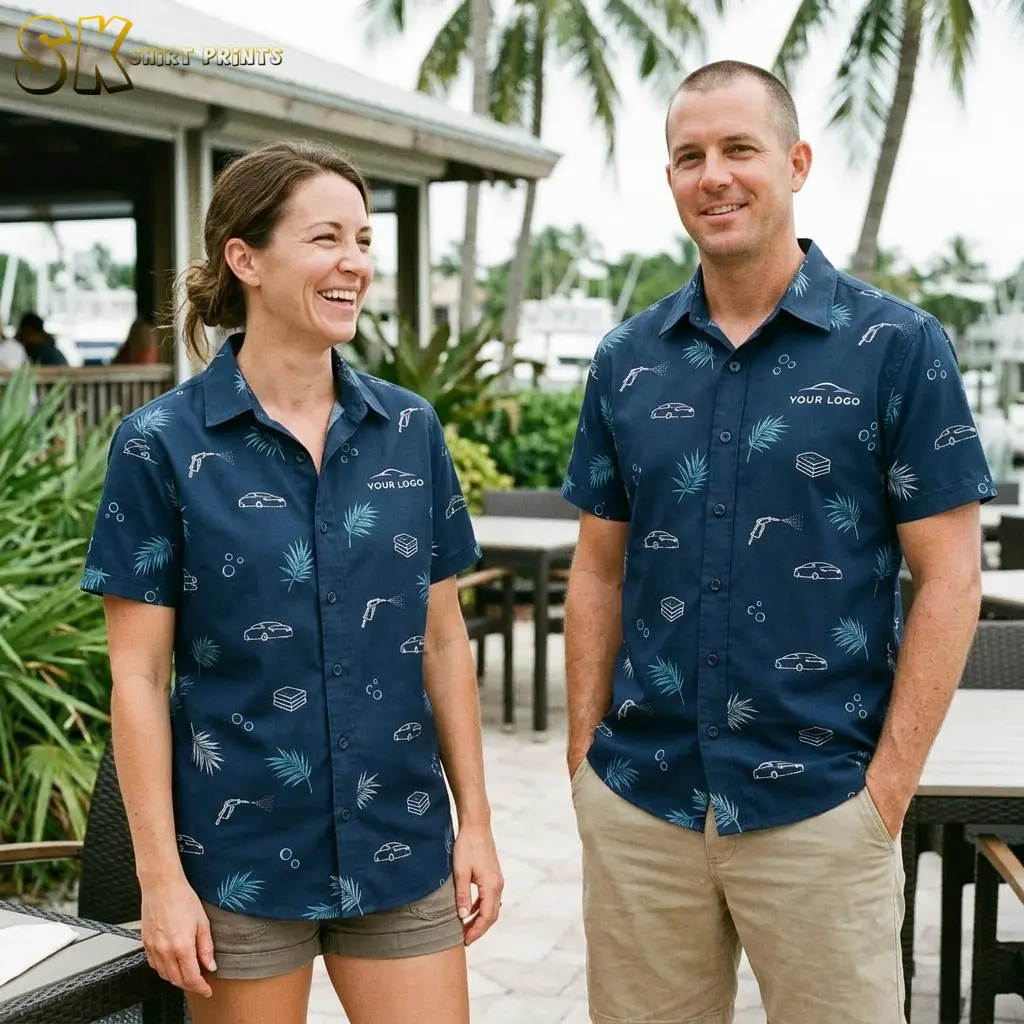 A smiling woman and man stand side by side outdoors wearing matching navy custom logo hawaiian shirts with car-wash icons and palm leaf prints, palm trees visible in the background.