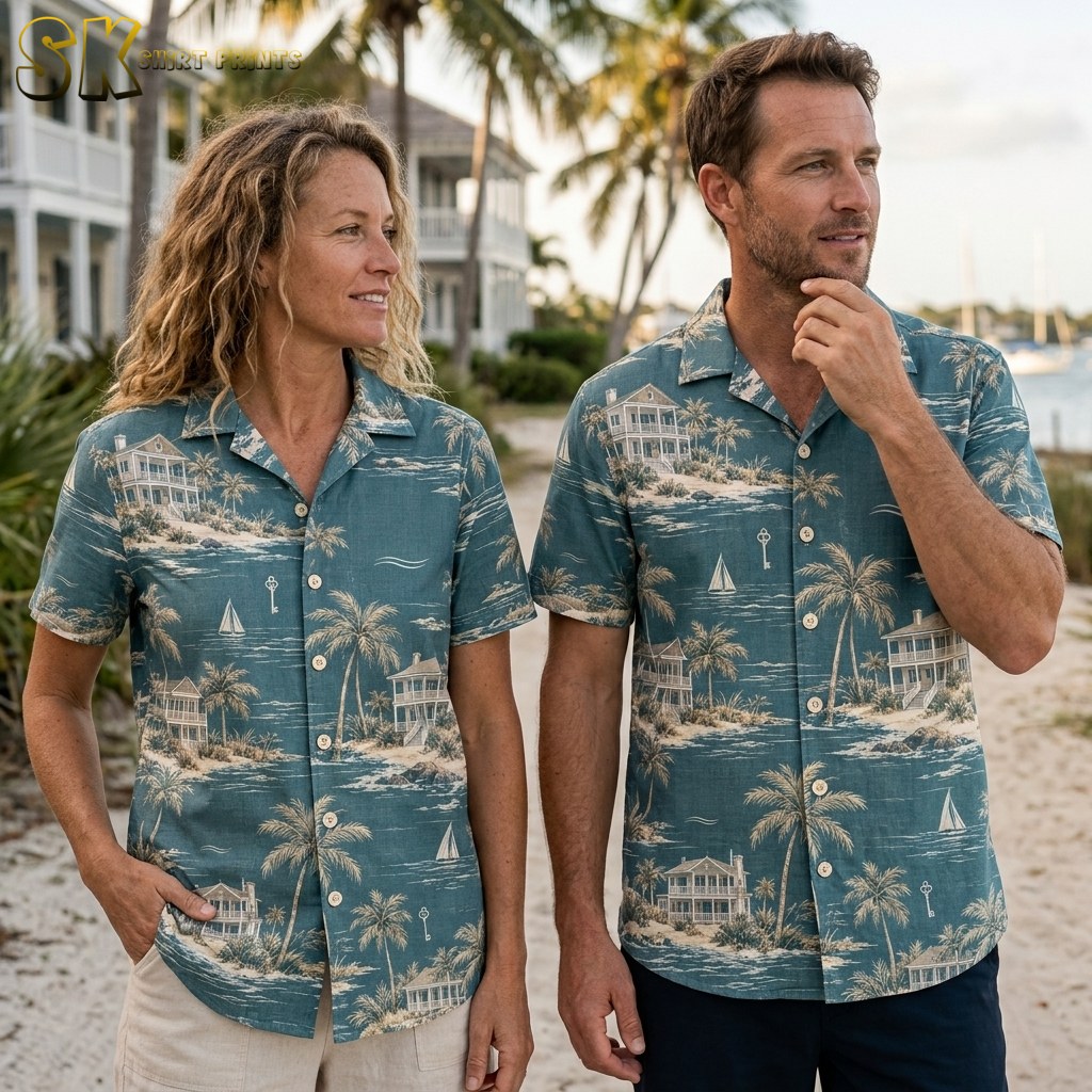 A woman and a man stand side by side on a sandy path wearing matching teal Hawaiian shirts printed with coastal houses, palm trees, and sailboats, with real palm trees and waterfront buildings visible behind them.