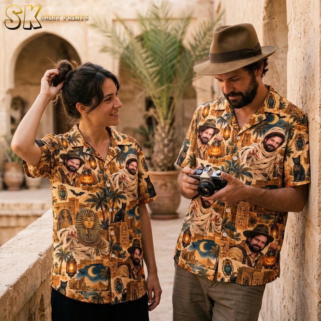 A man and a woman both wearing the same halloween aloha shirt stand together in an arched stone courtyard, each showing the explorer and mummy portraits at different positions across their shirts.