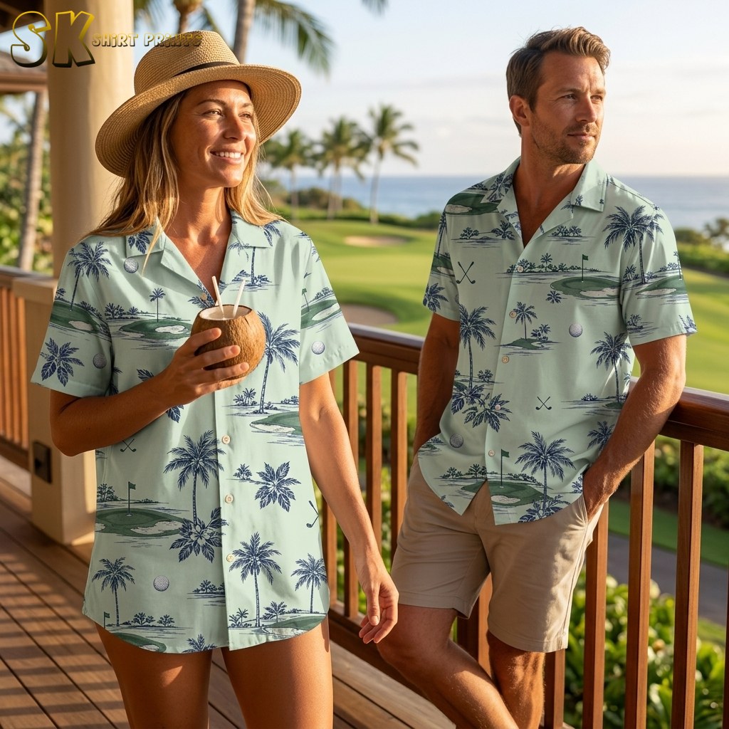 A woman holding a coconut drink and a man stand together on a wooden balcony overlooking a golf course, both wearing the same light green custom logo Hawaiian shirt with navy palm tree and putting green print.