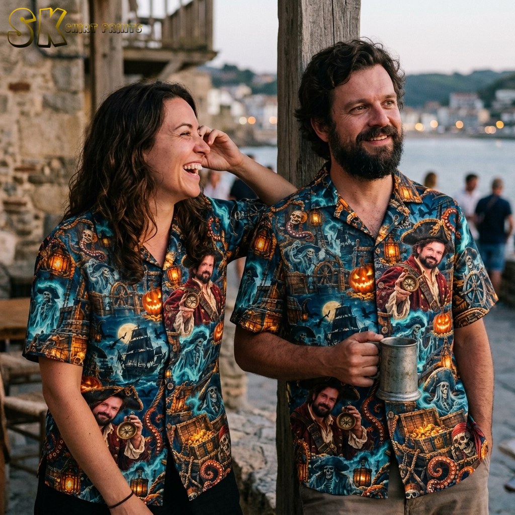A laughing woman and a smiling man both wear the same horror hawaiian shirt while standing near a stone waterfront at dusk, with the glowing lantern and skeleton pirate motifs visible on both garments.