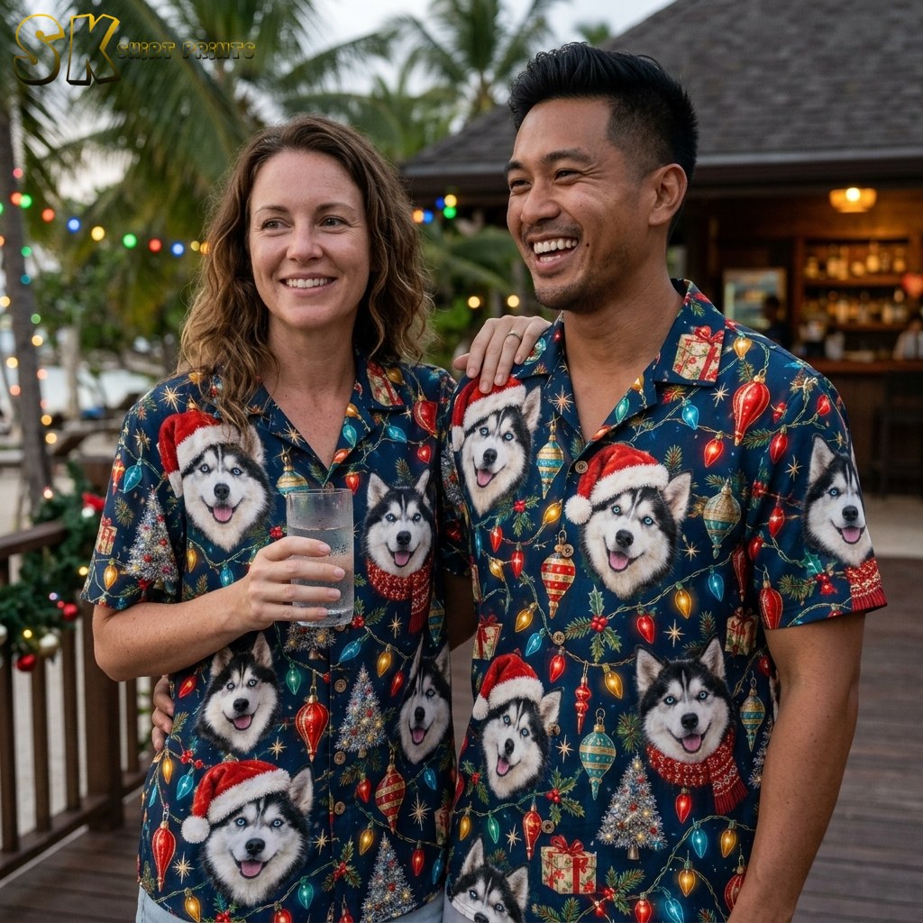 A smiling man and woman both wearing the same navy husky Christmas shirt stand together on a tropical outdoor deck strung with colorful lights, showing how the pattern looks on two different fits at once.
