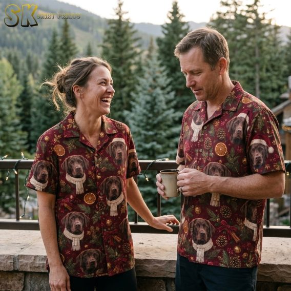 A laughing woman and a smiling man both wearing the same burgundy Labrador Christmas shirt while standing on a wood-railed balcony with evergreen trees behind them.