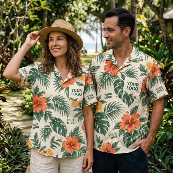 A woman in a straw hat and a man walk side by side on a garden path, both wearing the same cream tropical shirt printed repeatedly with a