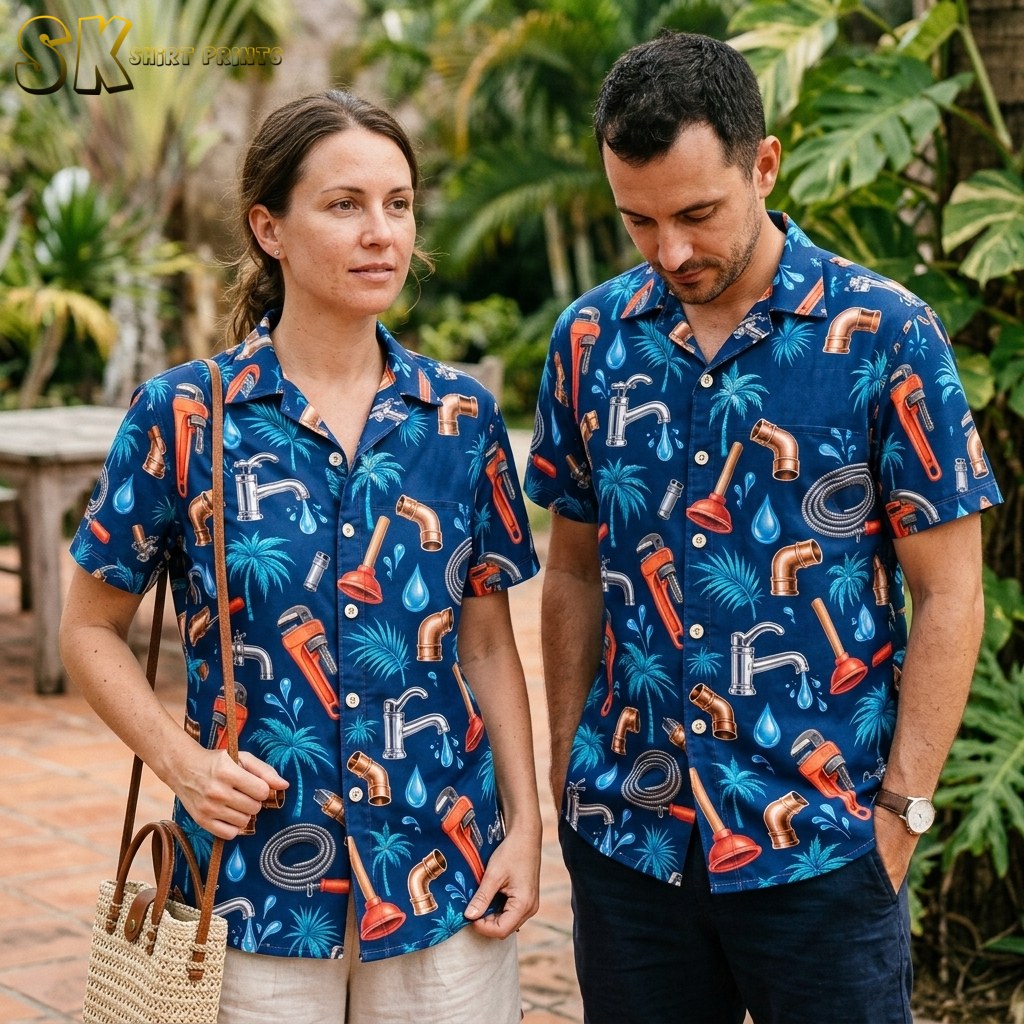 A man and a woman wearing matching navy plumbing-print shirts walk together on a brick path lined with tropical greenery.