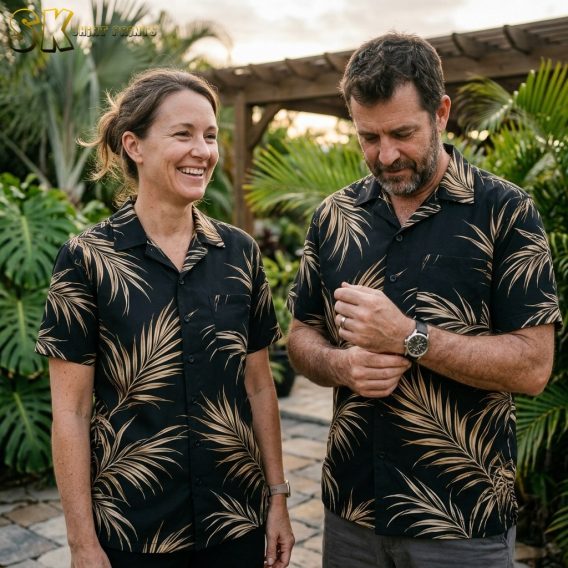 A woman and a man stand together in a lush garden setting, both wearing the same black and beige palm frond button-up shirt, with the woman smiling and the man adjusting his cuff.