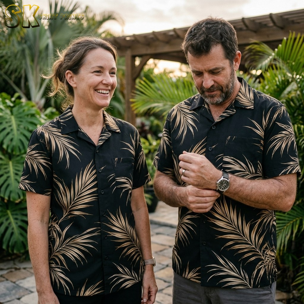 A woman and a man stand together in a lush garden setting, both wearing the same black and beige palm frond button-up shirt, with the woman smiling and the man adjusting his cuff.