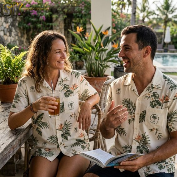 A woman holding an iced drink and a man with an open book sit together at an outdoor table, both wearing matching custom logo hawaiian shirts with the Aloha Co. palm tree emblem on the chest pocket.