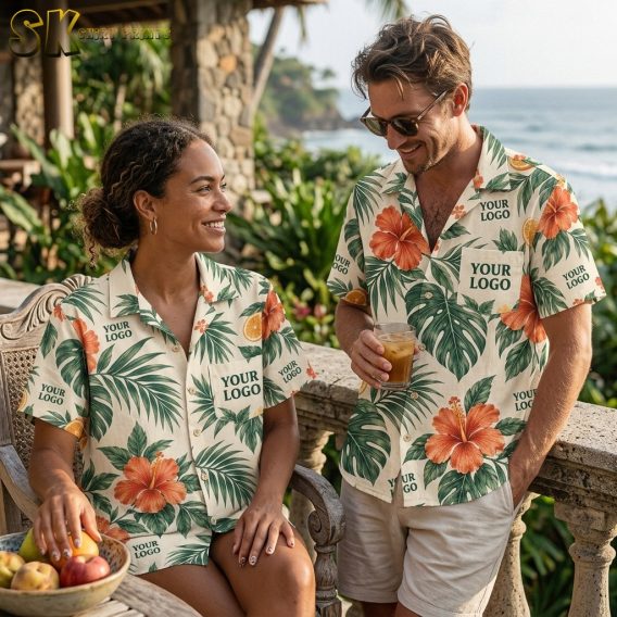 A man and a woman wearing matching cream hibiscus-print shirts with 'Your Logo' branding markers, seated and standing together on an outdoor terrace overlooking the ocean.