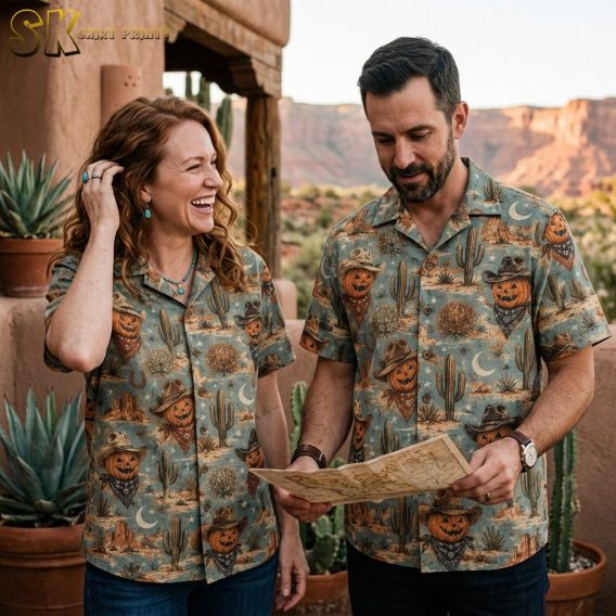 A couple shown together, with the shirt's light blue base and repeating cowboy jack-o'-lantern motifs visible as one of them wears the Halloween aloha shirt.