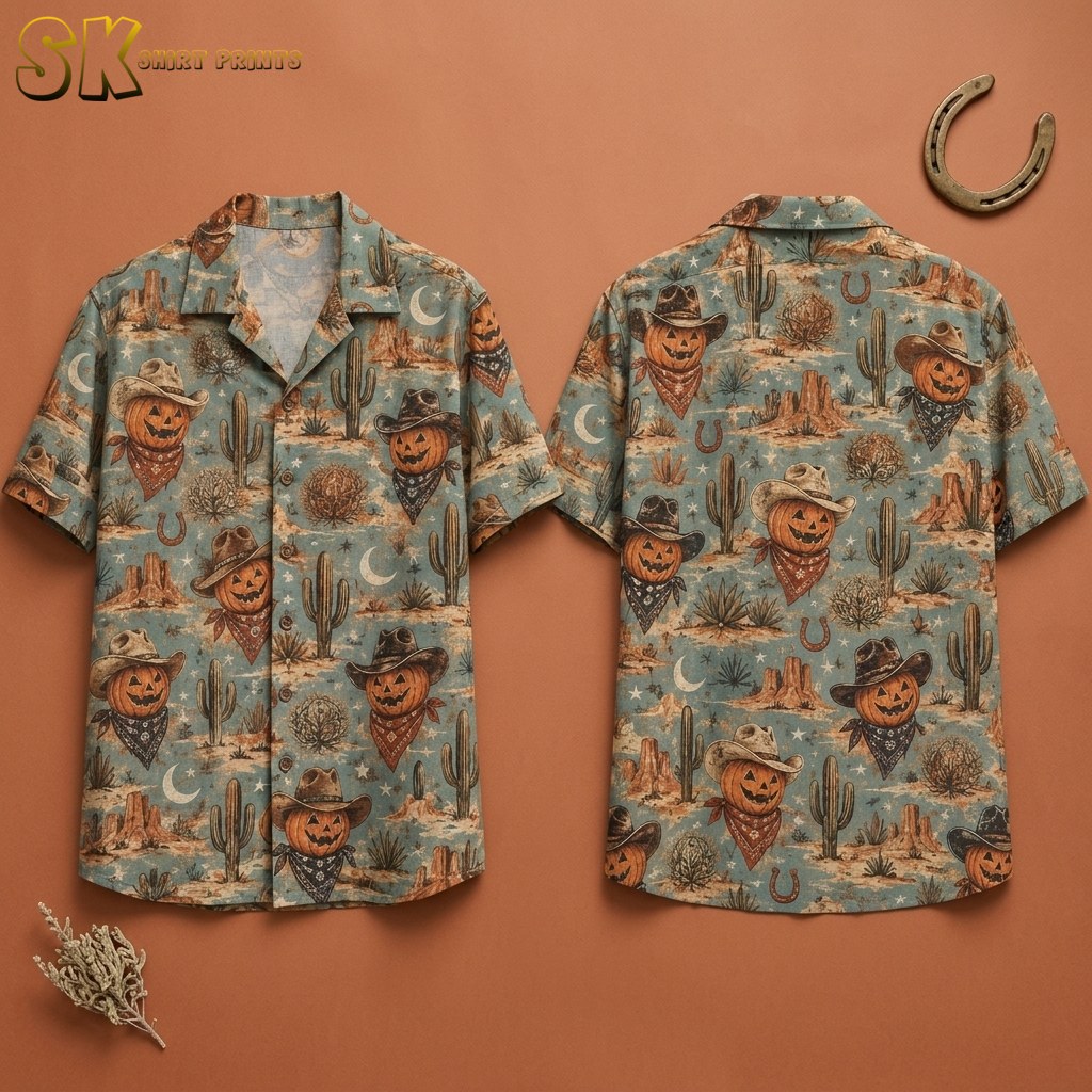 Front and back hanger views of a light blue short-sleeve button-up shirt covered in an all-over repeating pattern of grinning jack-o'-lanterns wearing cowboy hats and bandanas, surrounded by cacti, horseshoes, and desert rock formations in muted orange, brown, tan, and cream tones.