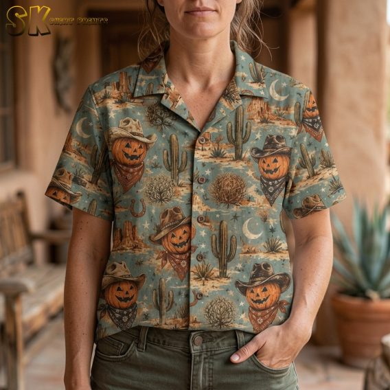 A close-up view on a woman showing the shirt's detailed hand-drawn illustrations up close, including grinning jack-o'-lanterns with cowboy hats and bandanas, and desert motifs like cacti and horseshoes in muted orange and tan against a light blue background.