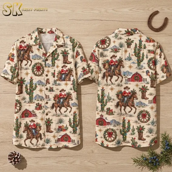 Front and back of a cream Hawaiian shirt with Santa Claus riding horses, laid on a wood surface beside a horseshoe.