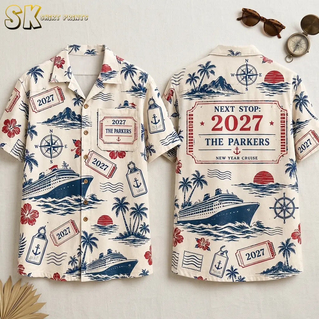 Front and back of a cream New Year Cruise shirt with navy ship illustrations, red accents, and a large 2027 back label.