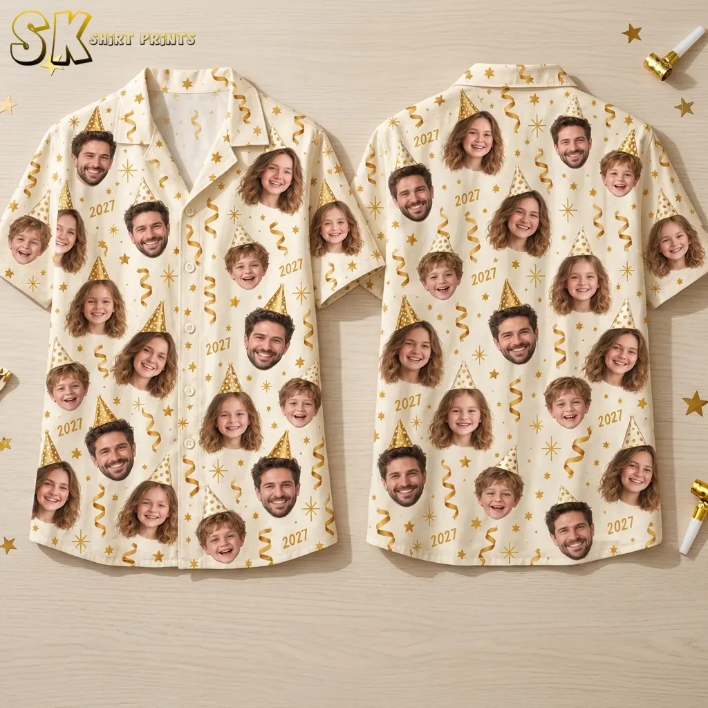 Front and back of a cream button-up shirt lie on a light wood surface, displaying face portraits, gold party graphics, and 2027 text.
