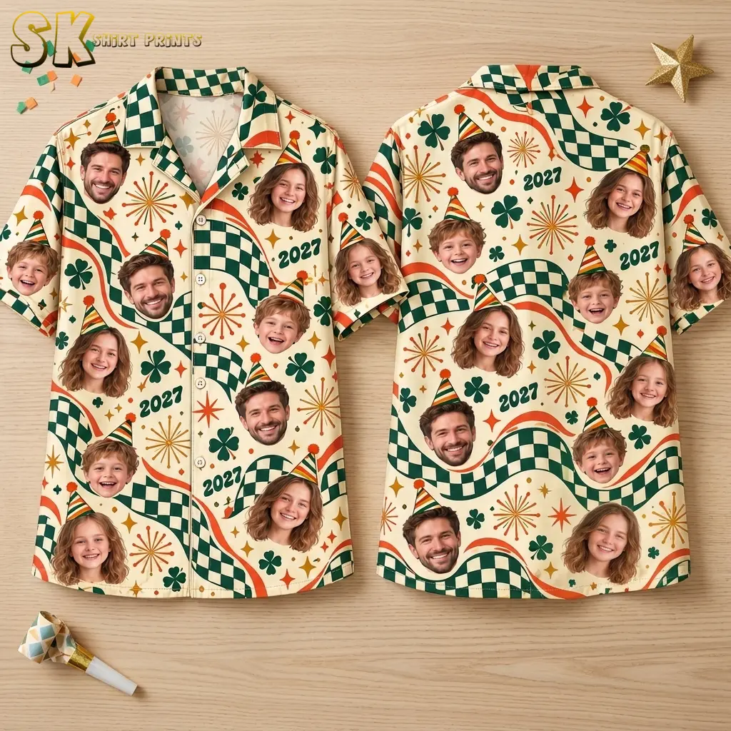 Front and back of a cream button-up shirt laid flat on wood, featuring faces in party hats, green checks, and 2027 text.