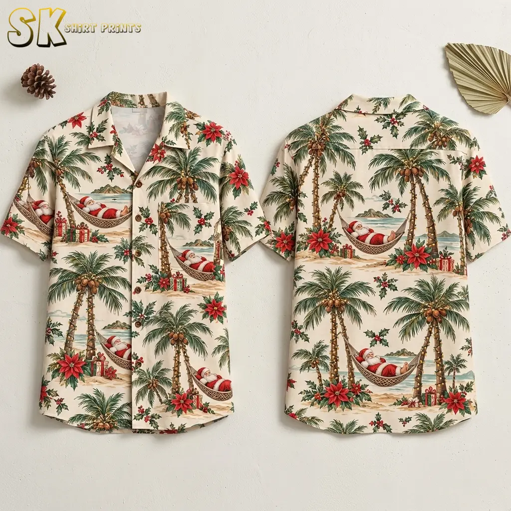 Front and back of a cream Christmas Hawaiian shirt displayed against a light wall, with Santa reclining in hammocks beneath palm trees.