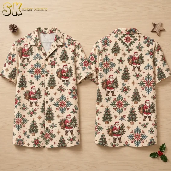 Front and back of a cream short-sleeve Christmas shirt lie on a wood surface, showing Santa figures and red-and-green floral motifs.