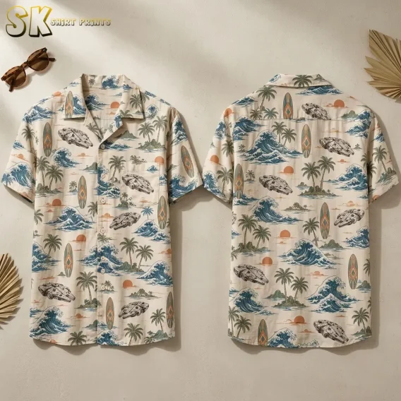 Front and back of a cream Star Wars Hawaiian shirt with blue waves, palm trees, surfboards, and spacecraft illustrations.