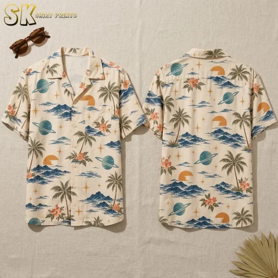 Front and back of a cream short-sleeve shirt lie side by side, showing a tropical print with teal ringed planets.