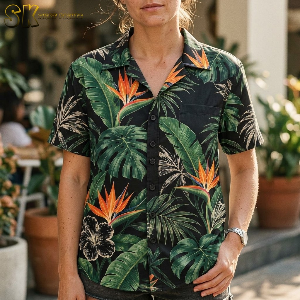 A woman photographed from the neck to the hip wears a black short-sleeve shirt showing prominent orange bird of paradise flowers, a detailed black-and-white hibiscus near the hem, and layered monstera and banana leaves across the front.