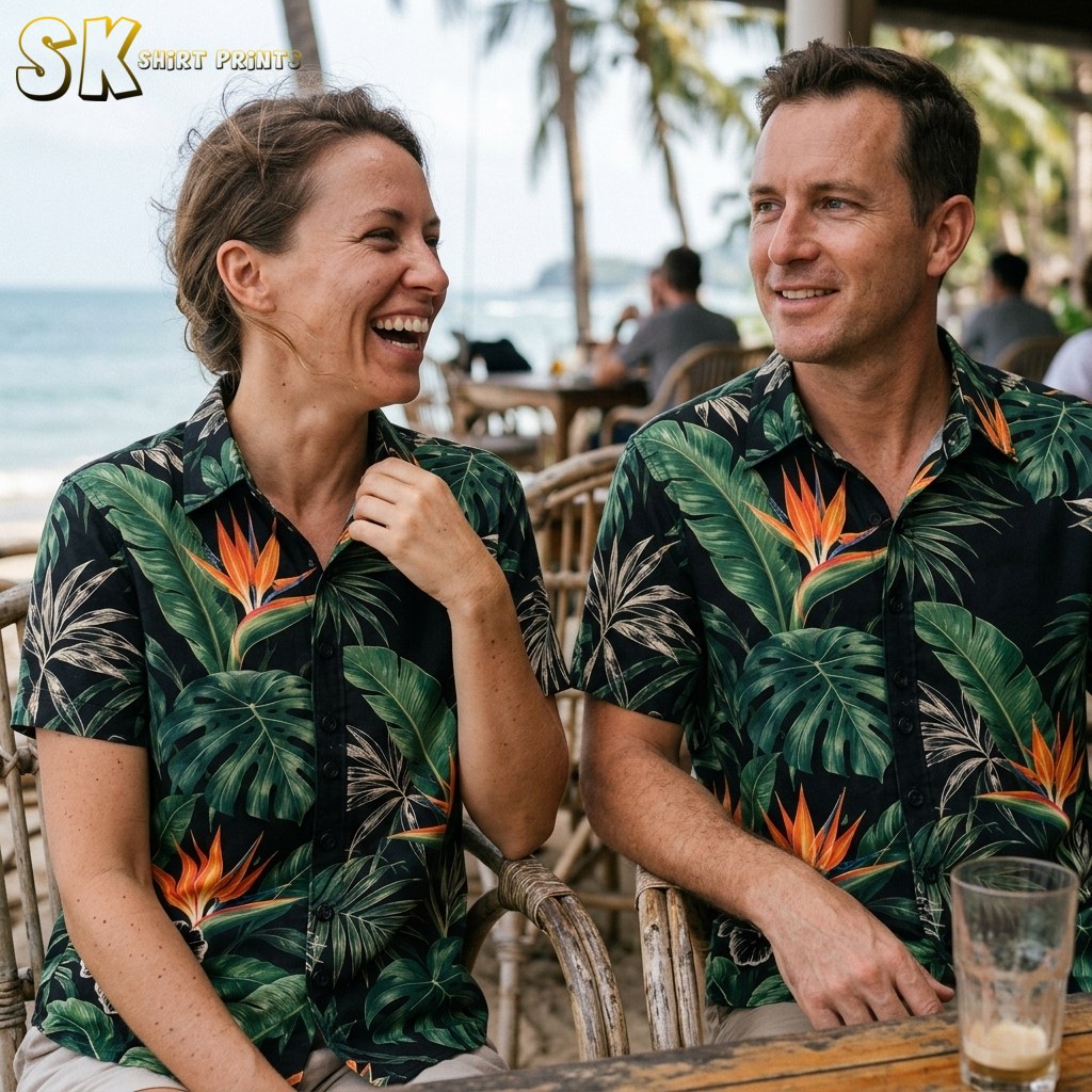 A laughing woman and a smiling man sit together at an open-air beachside bar, both wearing the same black tropical-print short-sleeve shirt with orange bird of paradise flowers and green monstera leaves.