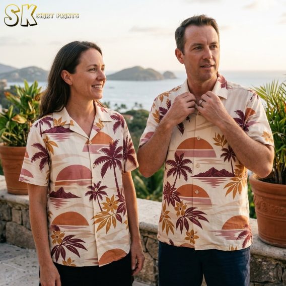 A woman and a man stand side by side on an outdoor terrace with a coastal hillside behind them, both wearing the same cream shirt printed with maroon palms, burnt-orange sunsets, and golden floral clusters.