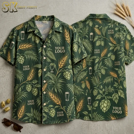 Front and back of a dark green custom Hawaiian shirt with company logo placeholders, hop cones, golden barley stalks, fern leaves, and illustrated beer glasses shown on a flat surface.