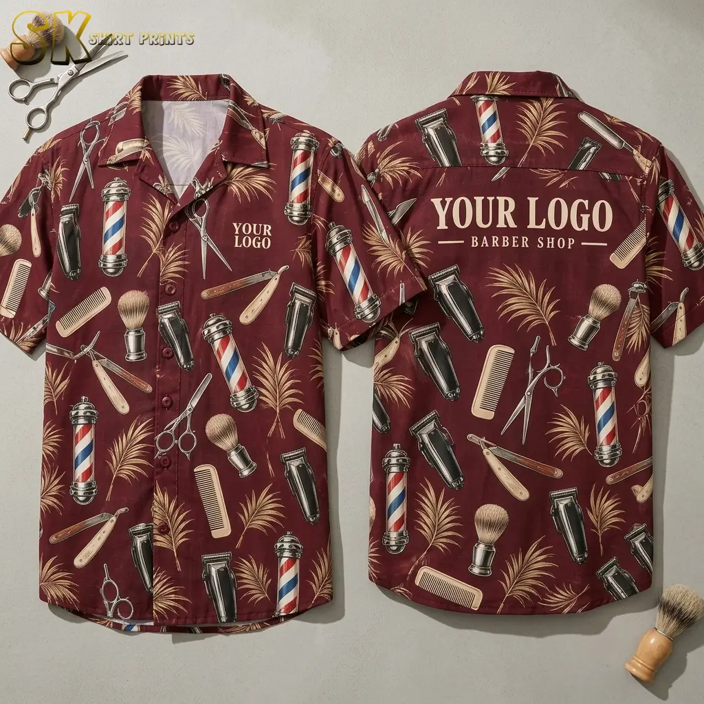 Front and back views of a custom hawaiian shirt with company logo showing barber poles, scissors, clippers, combs, and palm leaves on a deep maroon background, with 'YOUR LOGO BARBER SHOP' printed across the back.