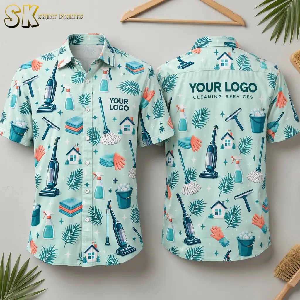 Both the front and back of a mint green custom Hawaiian shirt with company logo are displayed on a wooden hanger, showing the all-over cleaning tools pattern and the large 'YOUR LOGO CLEANING SERVICES' text printed across the upper back.