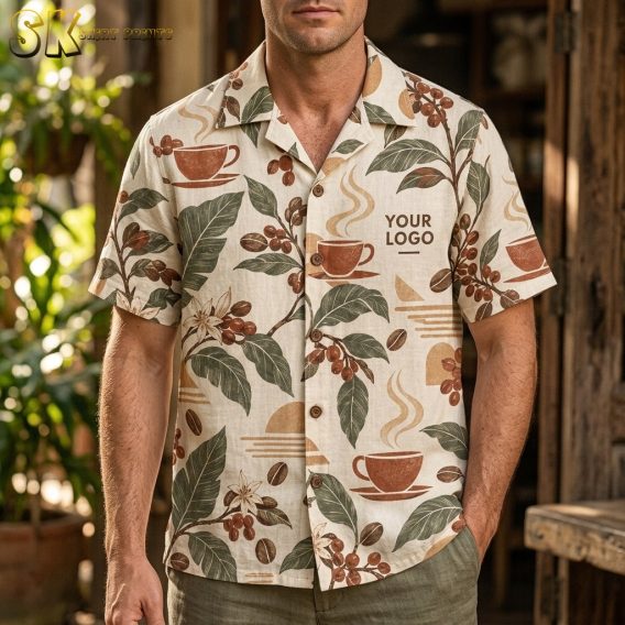 A man wearing the beige coffee-print camp shirt stands in front of lush greenery, with a placeholder logo printed on the left chest panel showing where a custom logo can be placed.