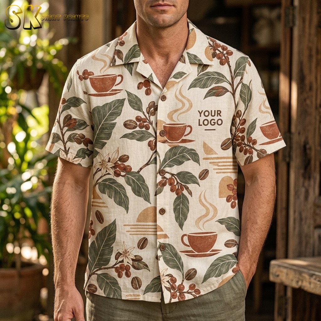 A man wearing the beige coffee-print camp shirt stands in front of lush greenery, with a placeholder logo printed on the left chest panel showing where a custom logo can be placed.