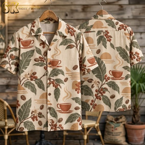 Front and back of the beige camp shirt hang on wooden hangers against a rustic plank wall, displaying the full all-over coffee cup and cherry branch pattern from collar to hem.