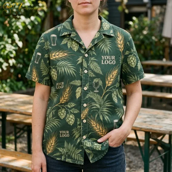 A woman wearing the dark green Hawaiian shirt stands in an outdoor beer garden, with the hop cone print, golden barley motifs, and multiple YOUR LOGO text placements clearly visible across the front.