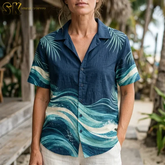A woman stands on a shaded tropical porch wearing the navy ocean-wave shirt, showing how the diagonal wave pattern falls across the front and the palm leaf print sits at the shoulders in a women's fit.